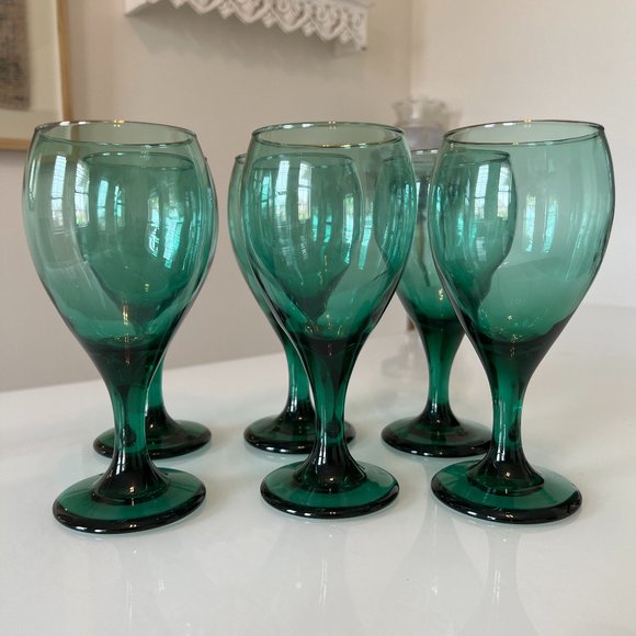 Set of 6 Vintage LIBBEY Teardrop Juniper Teal Green Glasses with Gold Trim - Picture 2 of 4